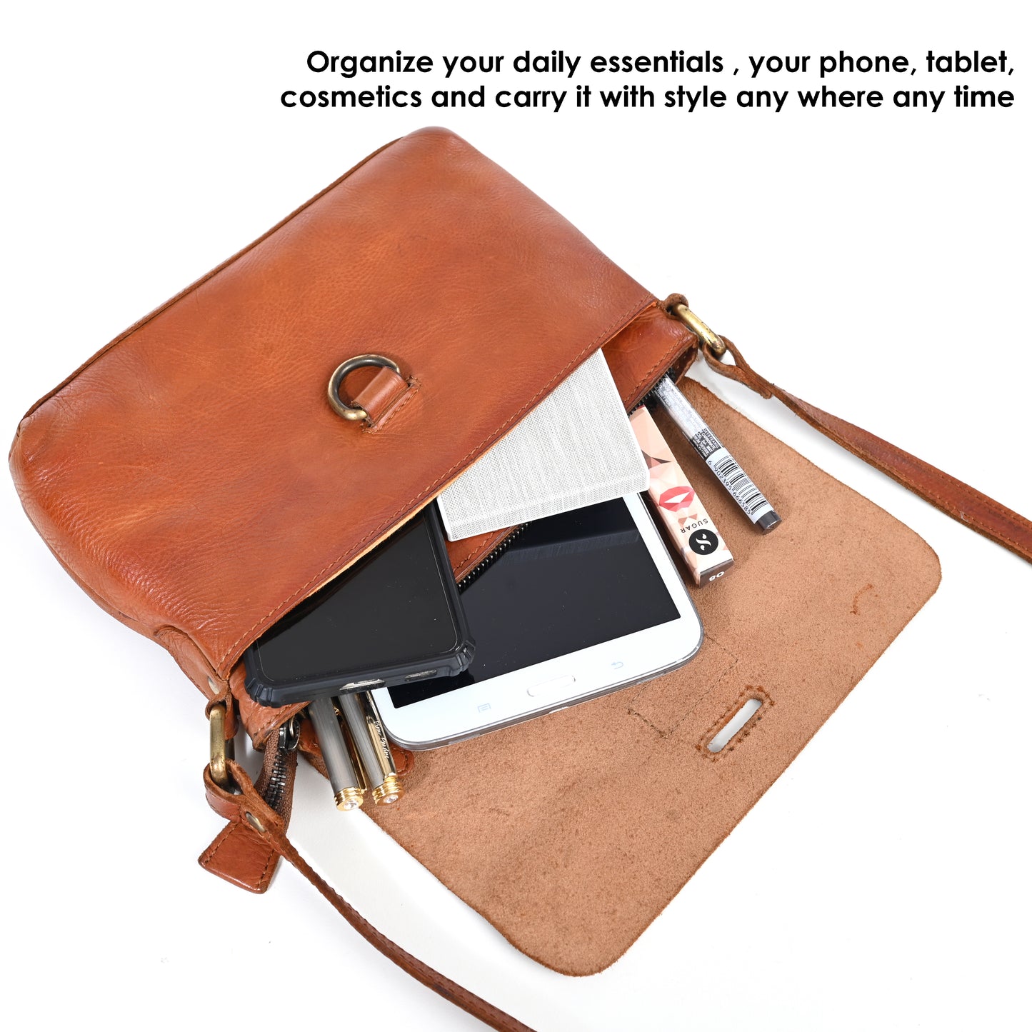 Genuine Premium Leather Made Sling Tablet Messenger Shoulder Bag For Men And Women-Tan